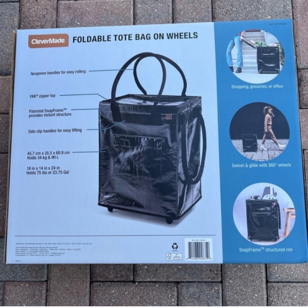 NIB CleverMade Foldable Tote Bag on Wheels - Black, New - Picture 2 of 6